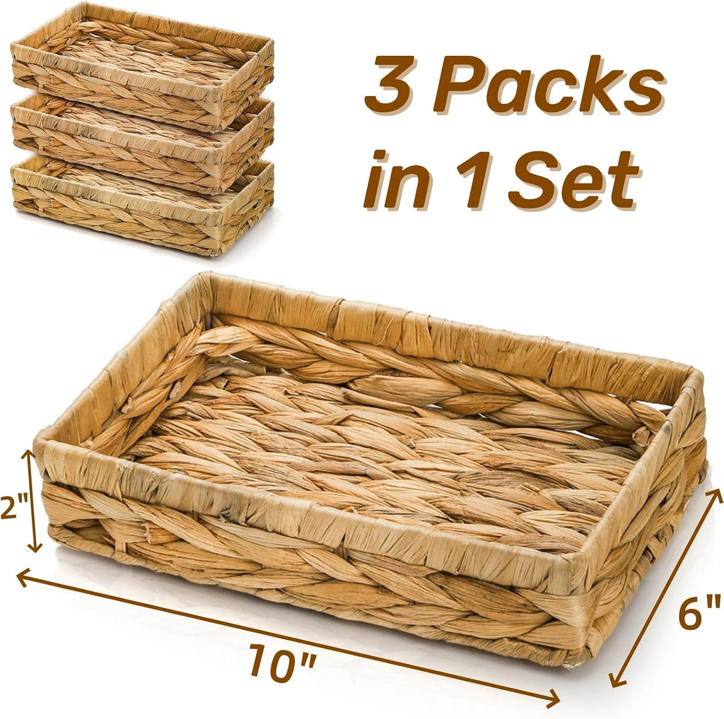 Eorbow 3 Packs Wicker Storage Trays, 10" Rattan Vanity Trays, Handwoven Toilet Paper Holder for Bathroom Towel, Rectangular Water Hyacinth Organizer for Countertop, Tank Topper, Pantry, Shelves