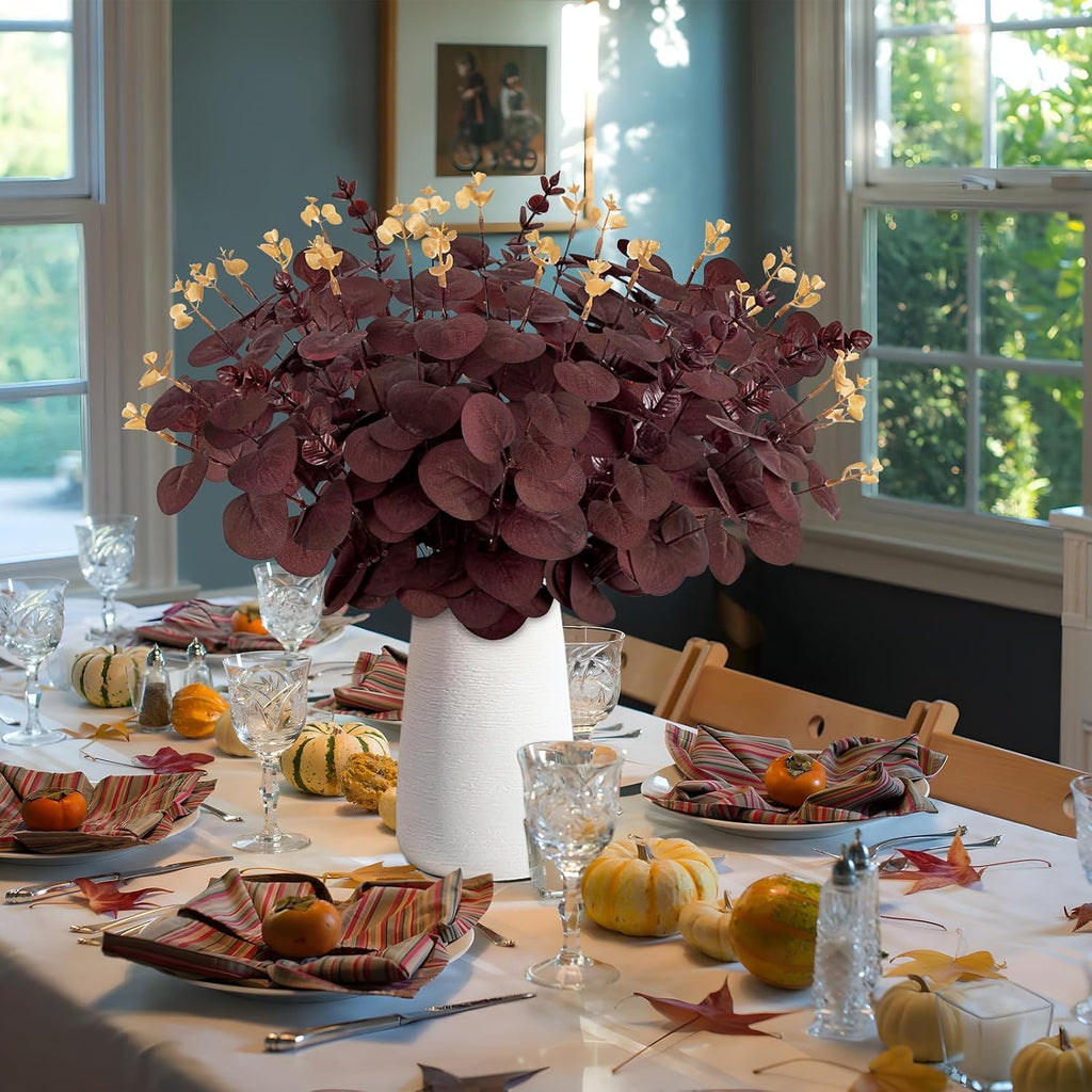 Yen Jean 20PCS Dark Wine Red Halloween Eucalyptus Stems Artificial Fake Flowers Bulk Decorations, Burgundy Branches for Indoor Table Centerpieces Party Supplies