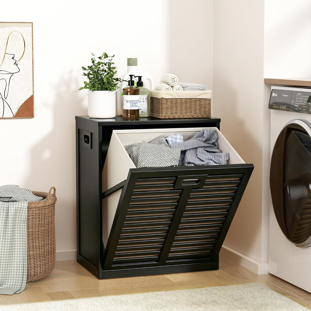 VASMIA Tilt Out Laundry Hamper, Bamboo Laundry Cabinet with Hidden Removable Basket,Dirty Clothes Storage Organizer for Bedroom, Bathroom, Living Room, Black