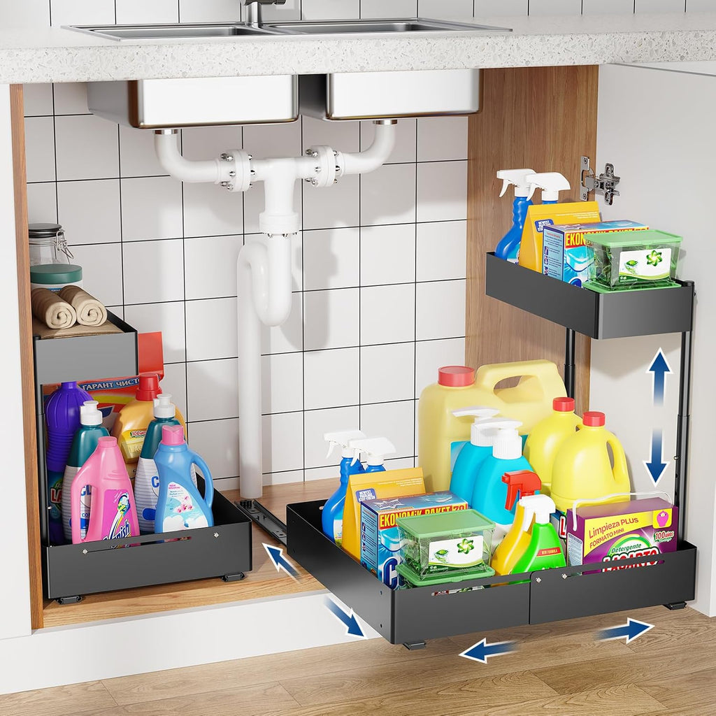 Insputer 2 Pack Under Sink Organizer, 2 Tier Under Cabinet Storage Expandable Width 9.8"-15" & Height Adjustable, Thickened Pull Out Shelf for Bathroom, Kitchen, Laundry, Pantry(Black)