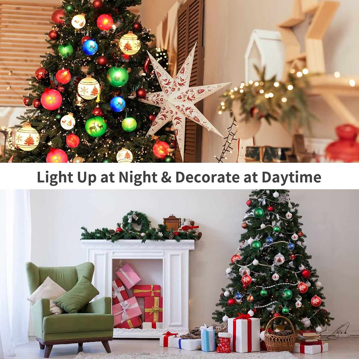 AIRIVO Twinkling Christmas Tree Lights, 28ft 25 Bulbs 8 Modes Color Changing Indoor Outdoor Ball String Lights, Plug in End to End Expandable, Ornaments for Christmas Tree Decor