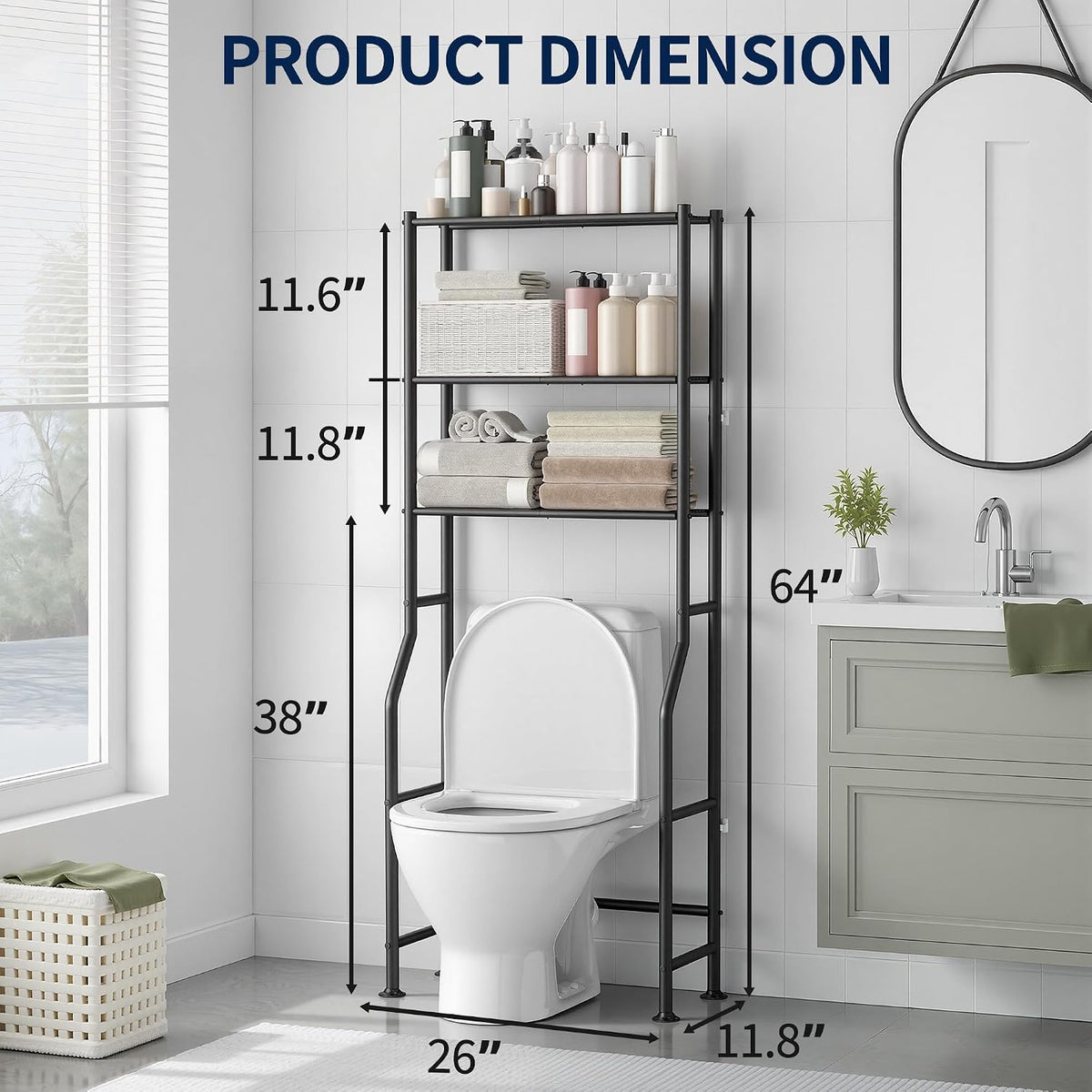 GloTika 3-Tier Over Toilet Storage Rack, Anti-Wobble, Black