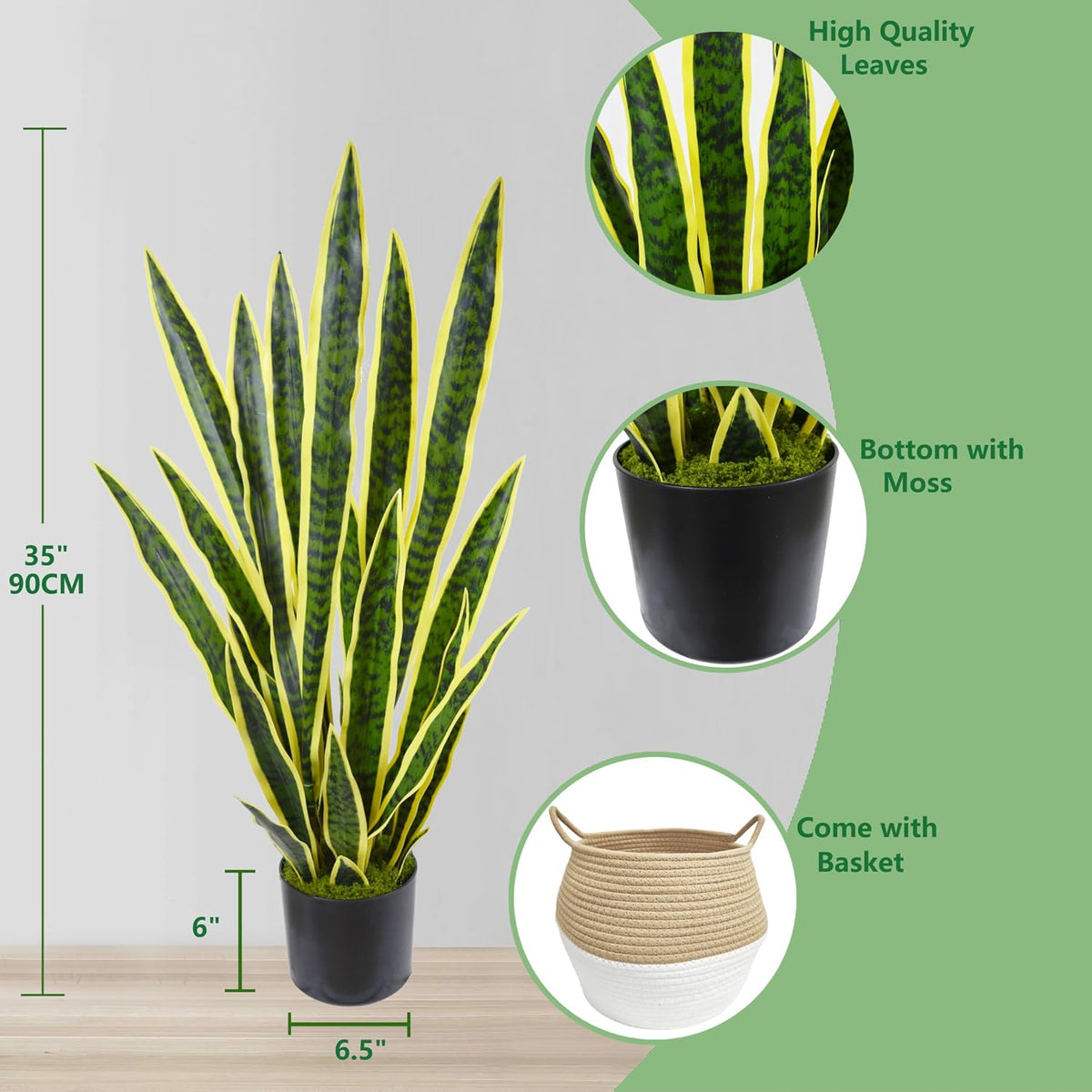 Warmplants Artificial Snake Plant 3ft Fake Sansevieria with Woven Basket