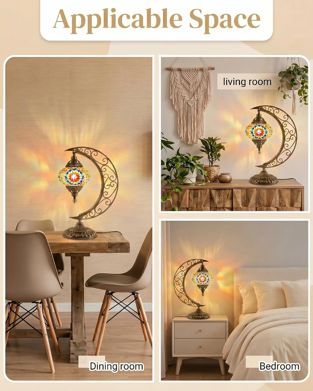 Hortsun Turkish Lamp Moon Shaped Moroccan Lamp Turkish Mosaic Stained Glass Table Light with Bronze Base Colorful Moroccan Globe Light for Decorative Home Designs