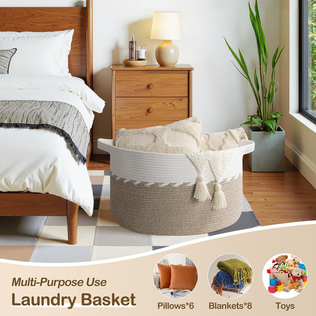 OIAHOMY 105L Extra Large Blanket Basket - Decorative Cotton Rope Storage Basket for Bedroom, Living Room & Nursery - Woven Laundry Hamper for Organizing Blankets, Clothes & Toys - Light Brown & White