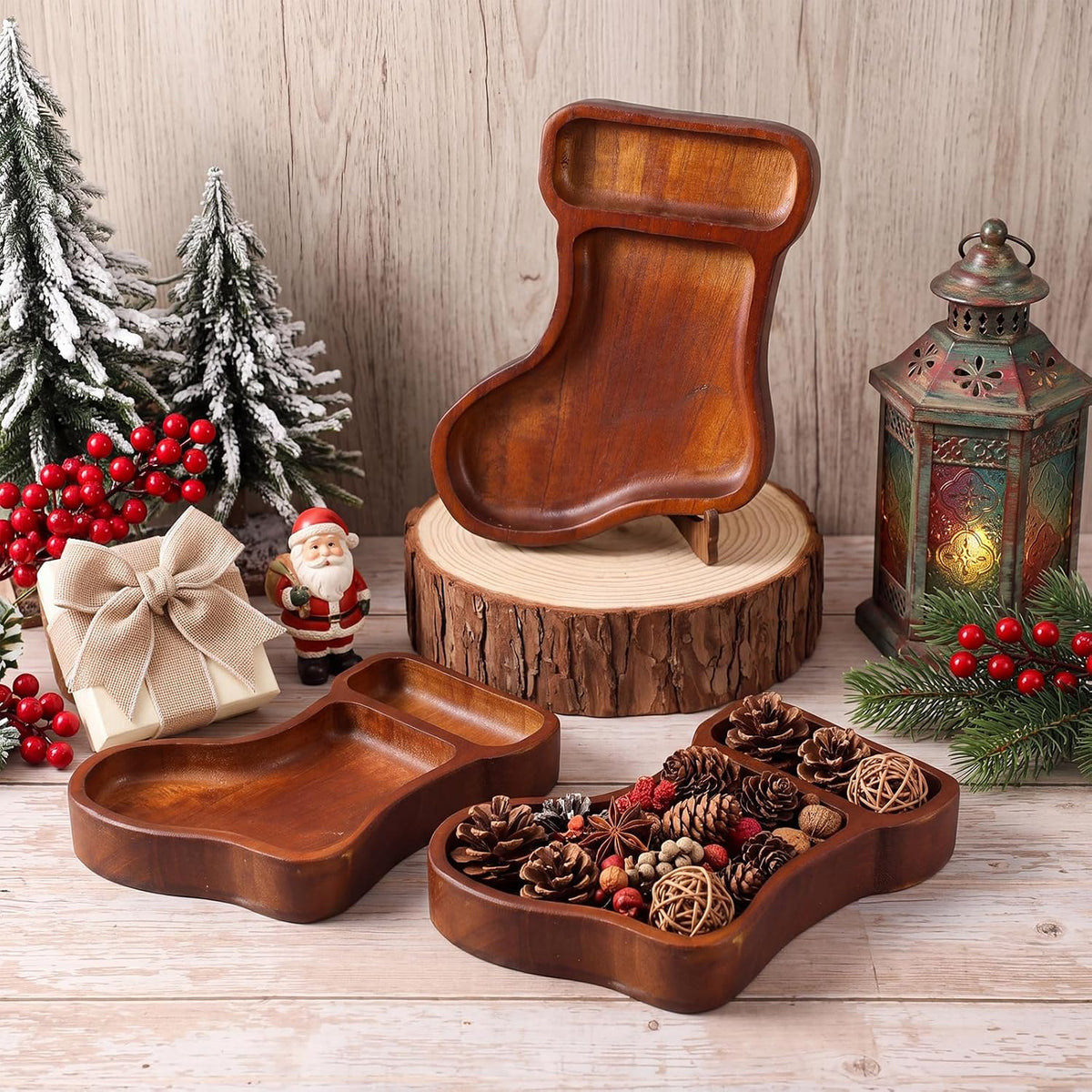 Jingmore 4 Pcs Christmas Wooden Bowl Tray Xmas Stockings Dough Board