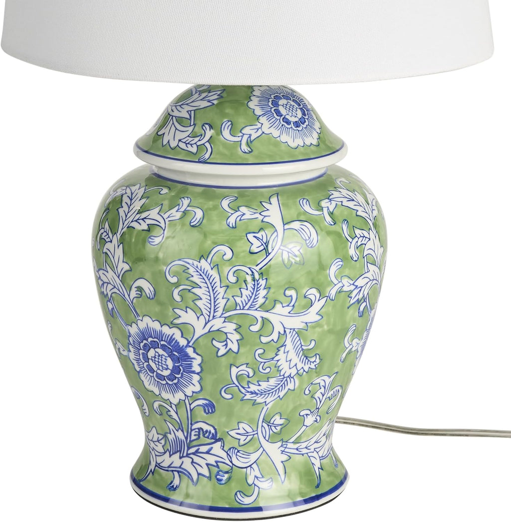 Nourison Home 24" Green & Blue Floral Ginger-Jar Ceramic Traditional Table Lamp for Living Room, Bedroom, Dining Room, Reading