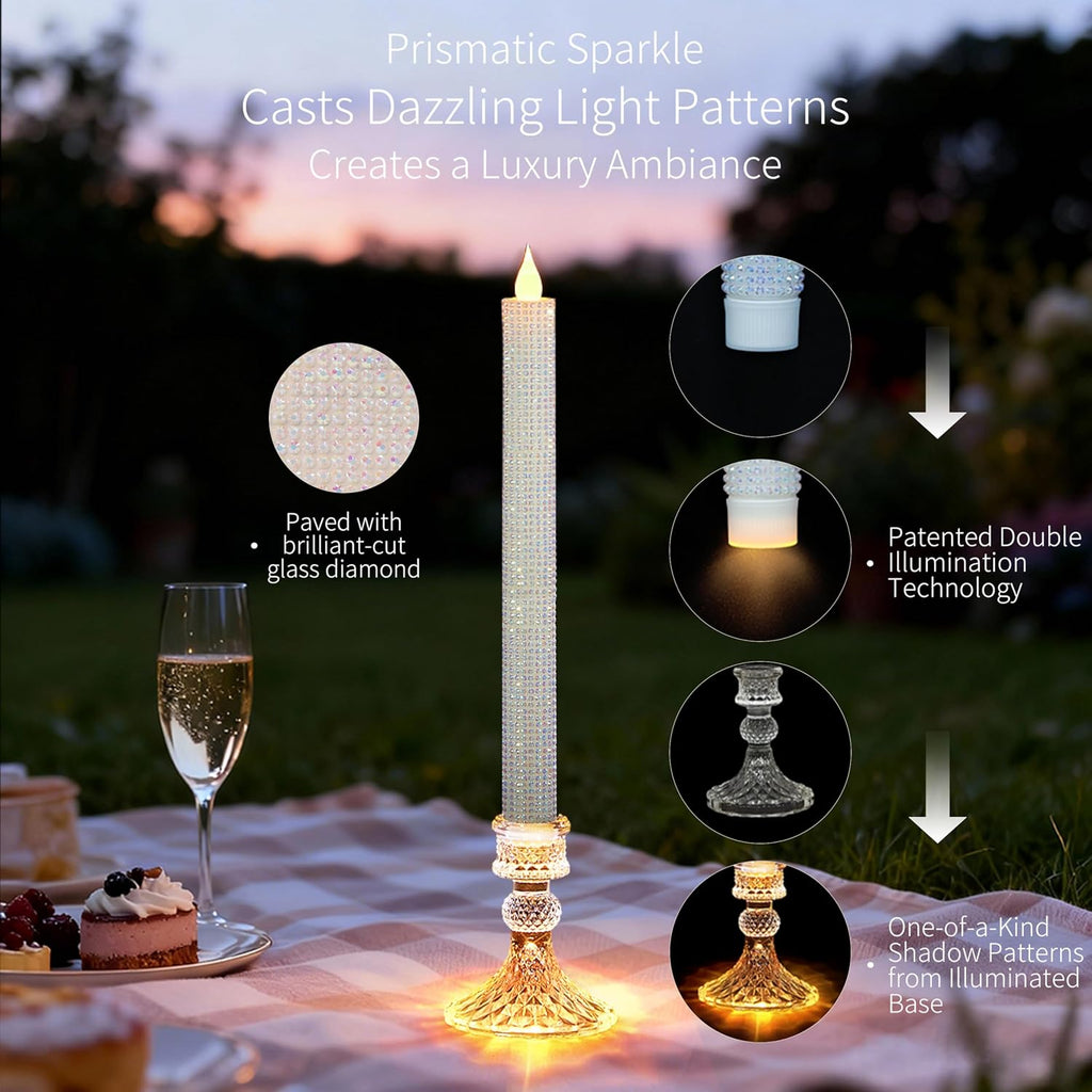 Flameless Taper Candles w/Holder, Crystallized-Brilliant, 2 Pack