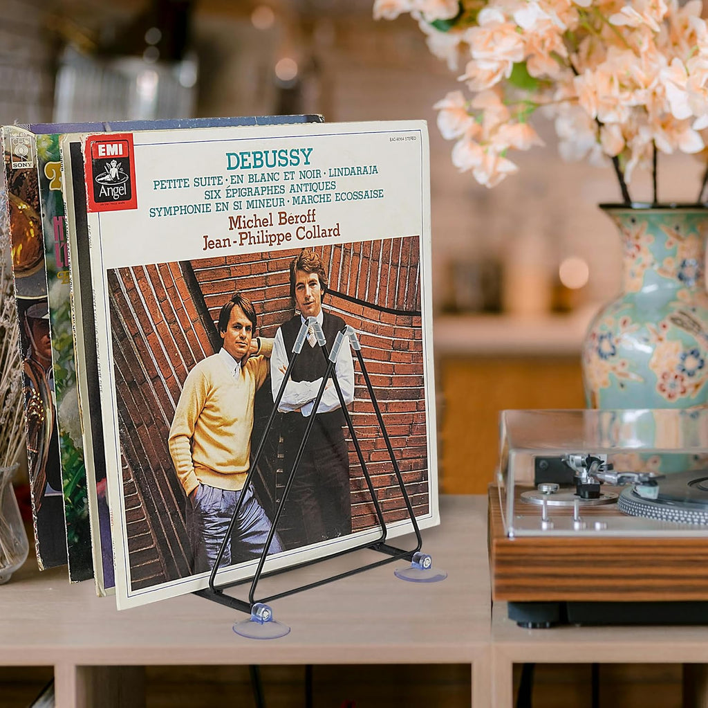 Vinyl Record Holder Storage, 5 Slot Metal Record Stand Magazine Newspaper Album Display Rack Desktop Triangle File Holders for Office Home Black