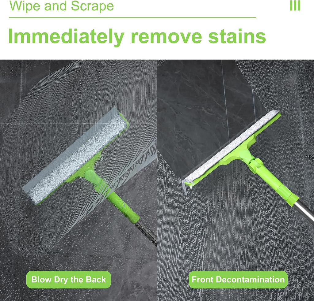 Shower Squeegee with 22.4"-30.1" Extendable Pole, 12" Wiper Blade for Glass, Tile, Car Windshield, Bathroom Mirror – Household Cleaning Tool (Green)