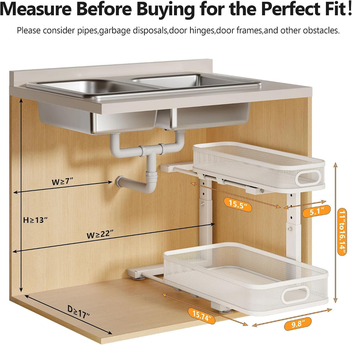 2 Pack Under Sink Organizer With Smooth Cylindrical Rail,2-Tier Pull Out Multi-Purpose Cabinet Storage for Bathroom&Kitchen,Height Adjustable,Rust-resistant Coating-White
