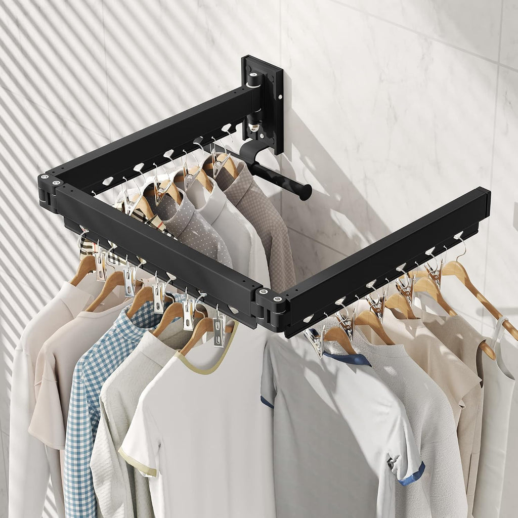 BOQORAD Clothes Drying Rack,Wall Mounted Laundry Rack,Drying Rack Clothing,Laundry Drying Rack Wall Mount,Retractable Clothes Rack,Collapsible,Windproof Holes,with Clips,Black Color