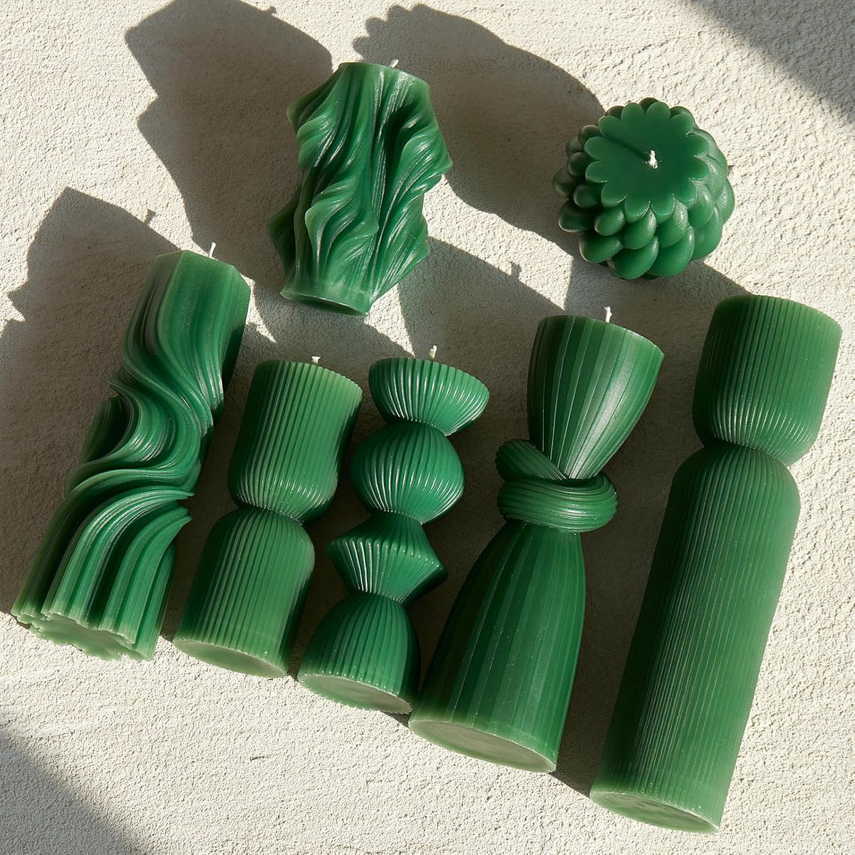 7-Pack Pillar Candles - Soy Wax Handmade Ribbed Candles for Home Decor, Housewarming Gift, Shelf & Table Decor - Aesthetic Modern Candles Set (Green)