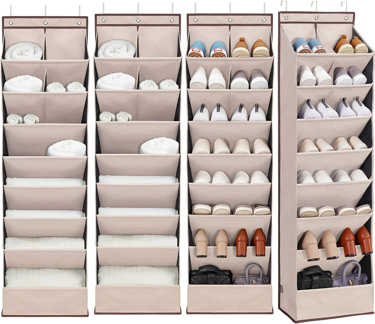 4 Pack Shoe Organizer with 6 Extra Large Pockets and 4 Large Pocket, Over the Door Sturdy Closet Storage Rack, Hanging Shoe Organizer for Shoes, Sneakers, Beige