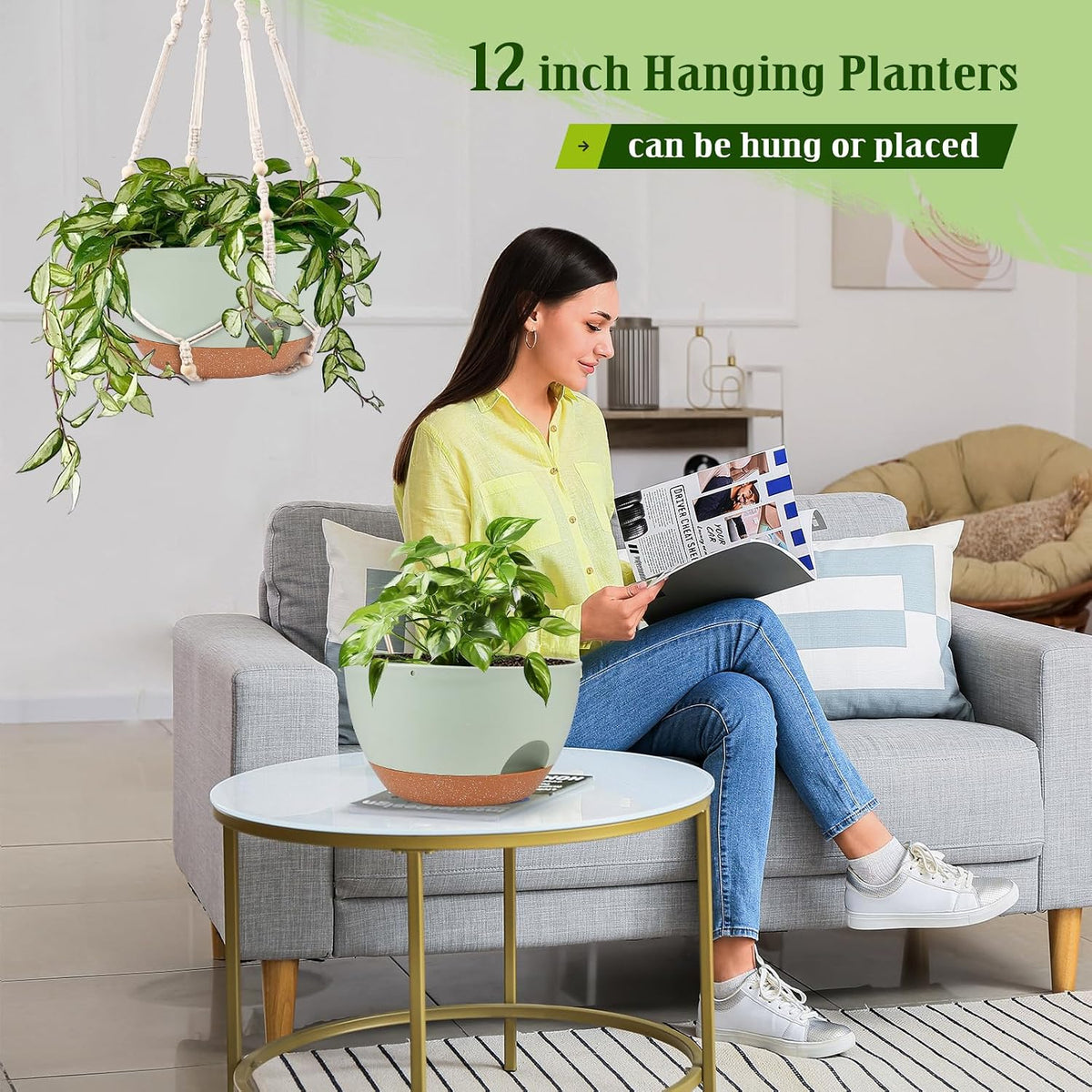 2 Pack 12 Inch Self Watering Hanging Planters for Indoor Outdoor Plants