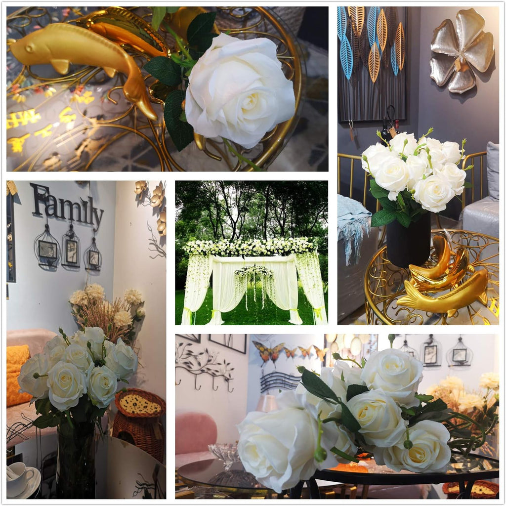 AnotherGifts Artificial Silk Rose Flower Bouquet Home Decor Wedding Party, Pack of 10 (Off White) Exclusive Style…