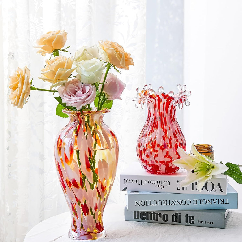 QFkris Hand Blown Glass Vase for Flowers, 12 Inch Tall Crystal Flower Vases