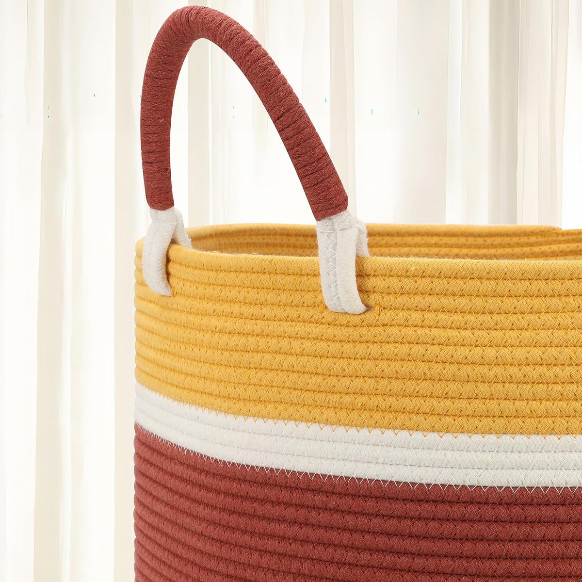 Large Blanket Basket (20"x13"),Woven Basket for Storage Dirty Clothes for Laundry, Living Room, Nursery, Bedroom Rope Storage Basket for Blankets（Yellow/Brown）