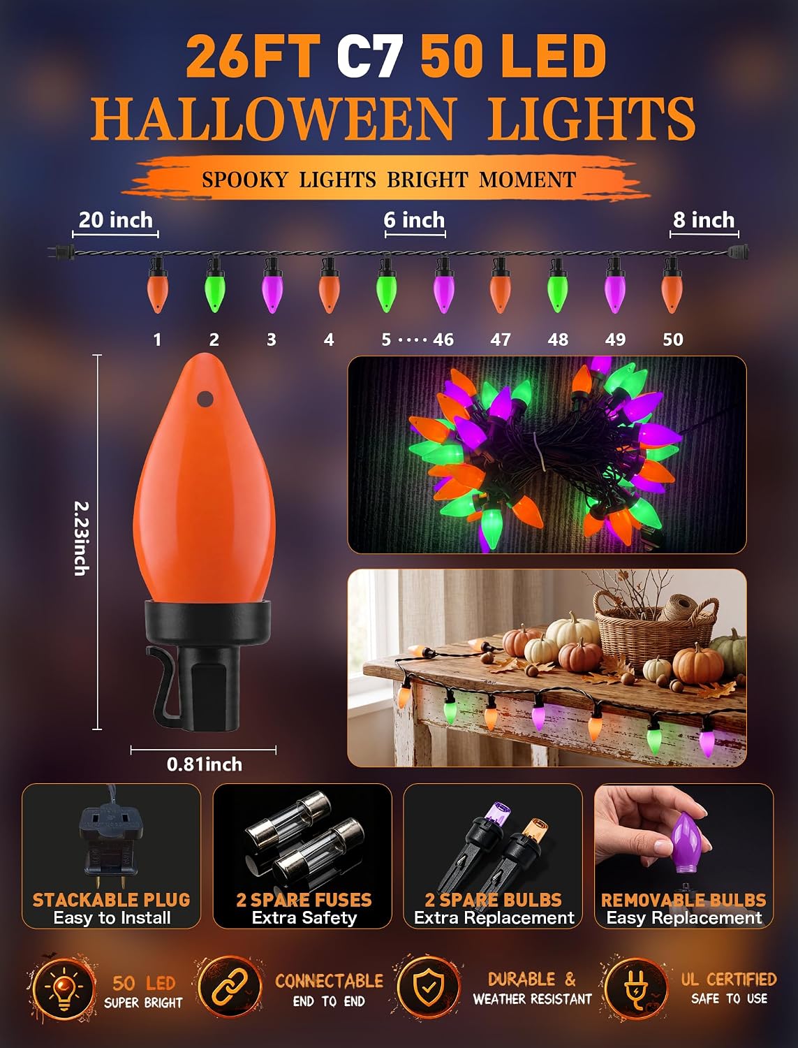 26FT Halloween C7 LED String Lights, 50 Orange Green Purple Opaque Lights