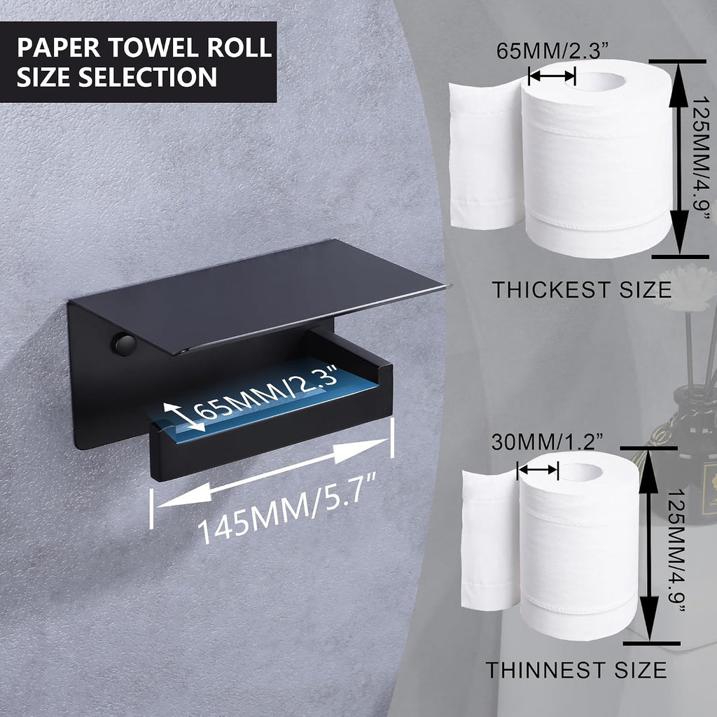 LANC Black Toilet Paper Holder with Shelf, Toilet Paper Roll Holder with Phone Shelf for Bathroom Kitchen Wall Mounted, Stainless Steel TP Holder,Matte Black Left, A8367MB-LF