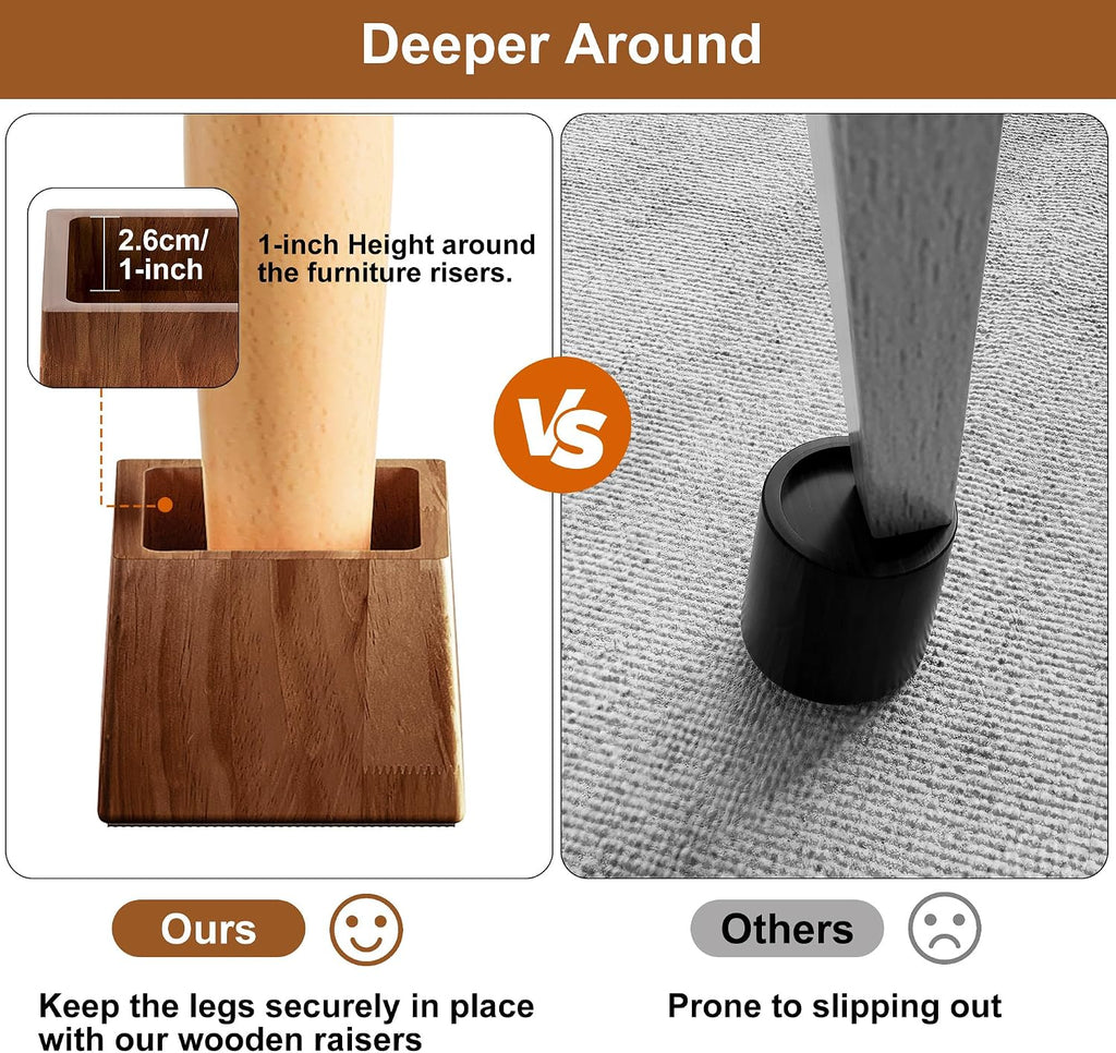 TQVAI Bed Risers Heavy Duty, Support 2200 lbs, 1-in Deep Anti-Fall Edge, 4 Pack Wooden Furniture Bed Lifts Risers with Non-Slip Pads for King Queen Twin Full Size Frame, Retro Brown, 3" H(Inner 2" H)