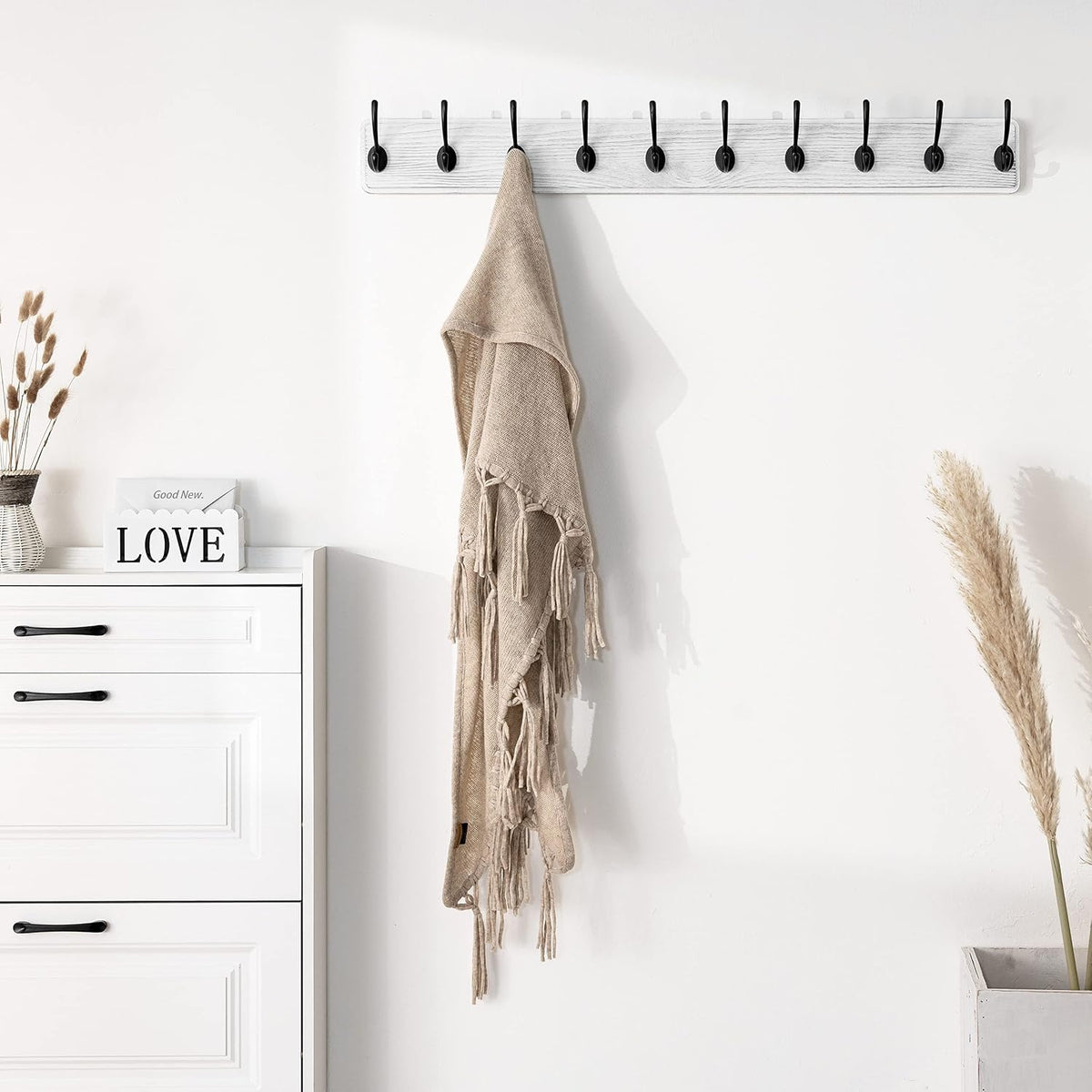 SKOLOO Rustic Wall Mounted Coat Rack, 10 Hooks, 38", Solid Wood, White