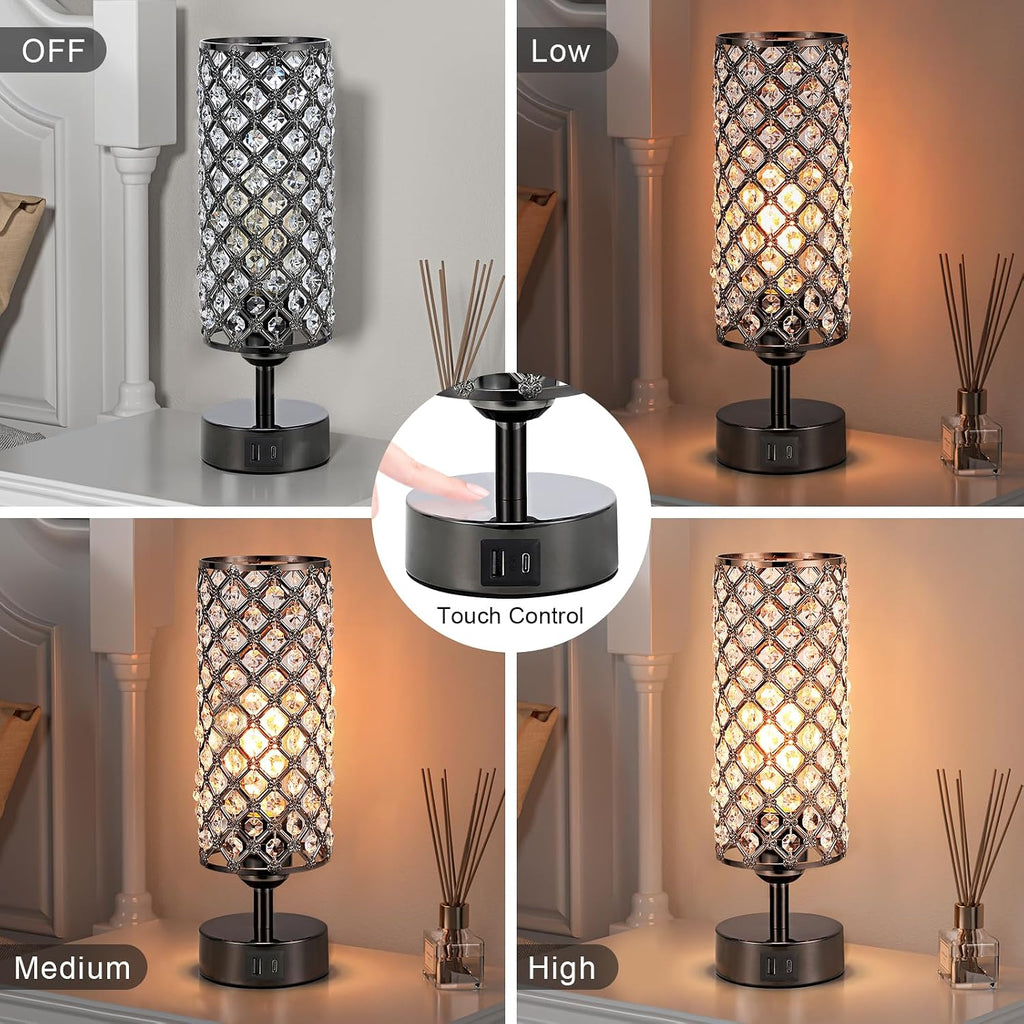 Black Crystal Touch Lamp with USB-C/A, 3-Dim Dimmable for Bedroom, Modern