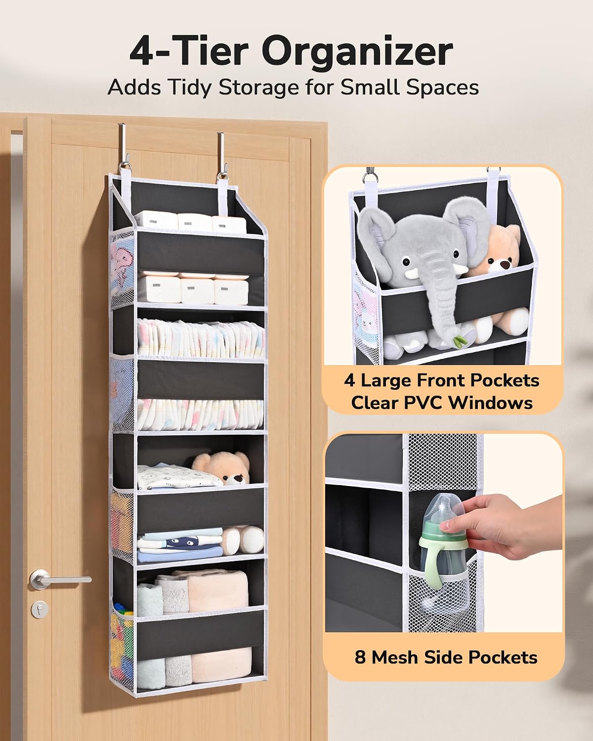 ULG 2 Pack Small Over Door Organizer with 4 Large Pockets 8 Mesh Side Pockets, Hanging Storage Organizer with Clear Window Kids Toys Deep Gray