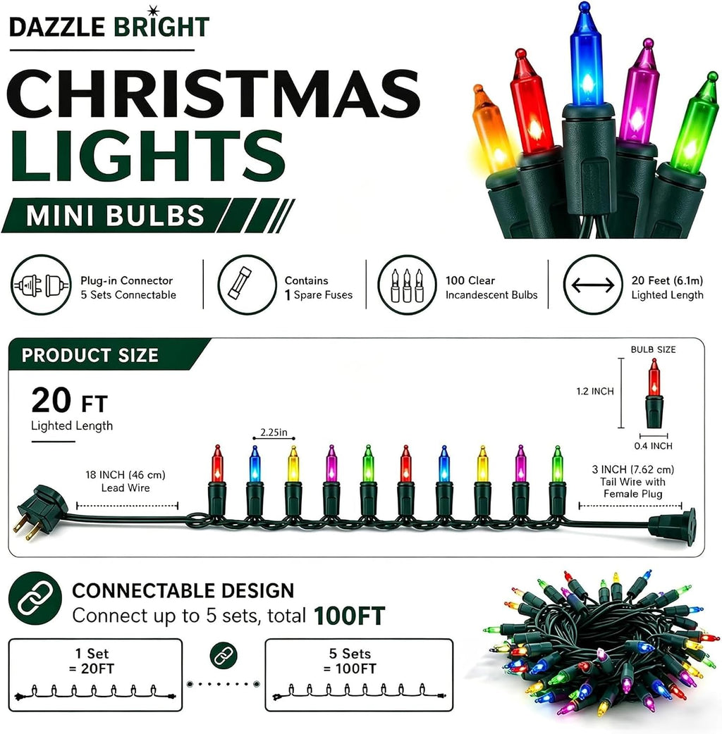 Dazzle Bright Multi-Colored Christmas Mini String Lights, 20FT 100 Count Incandescent Waterproof Fairy Lights Plug in, Connectable Christmas Decorations for Indoor Outdoor Home Party Garden Yard