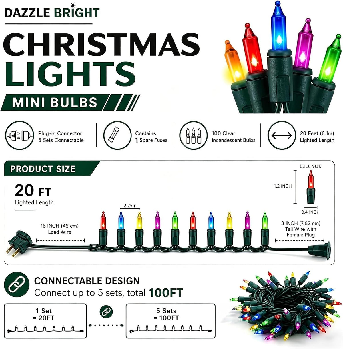 Dazzle Bright Multi-Colored Christmas Mini String Lights, 20FT 100 Count Incandescent Waterproof Fairy Lights Plug in, Connectable Christmas Decorations for Indoor Outdoor Home Party Garden Yard
