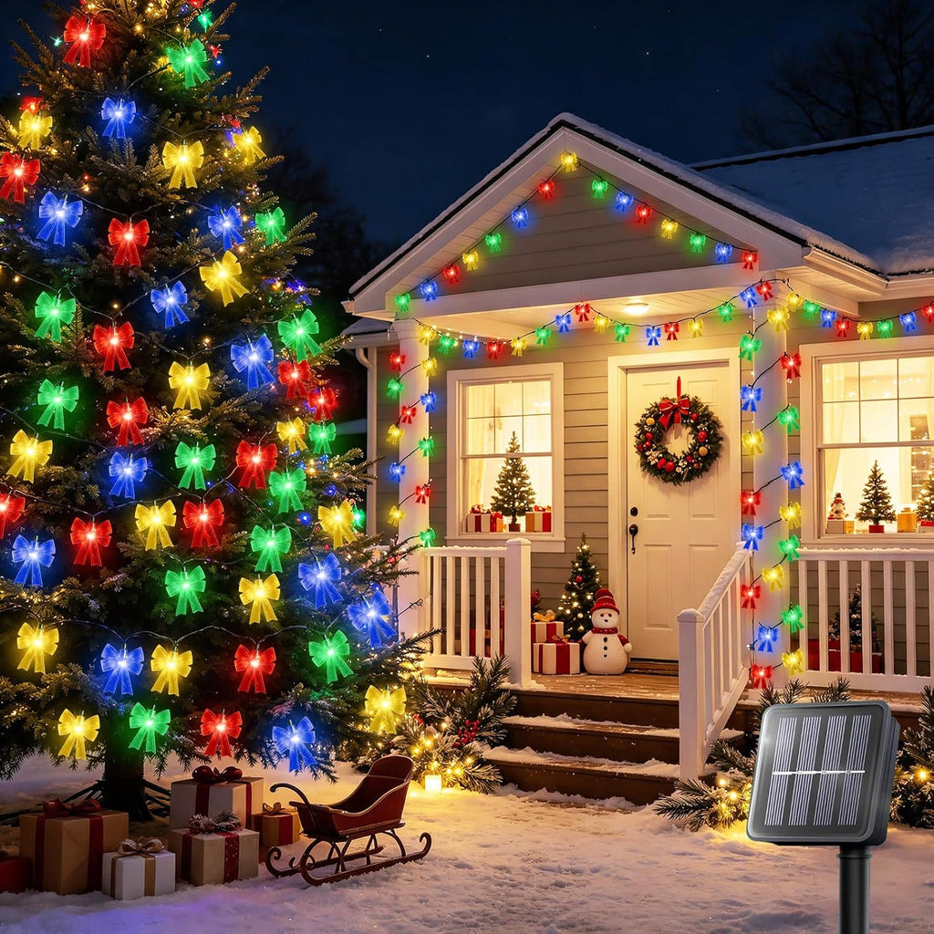 Solar Powered 23FT Christmas Bow 30LED Outdoor String Lights Multicolor