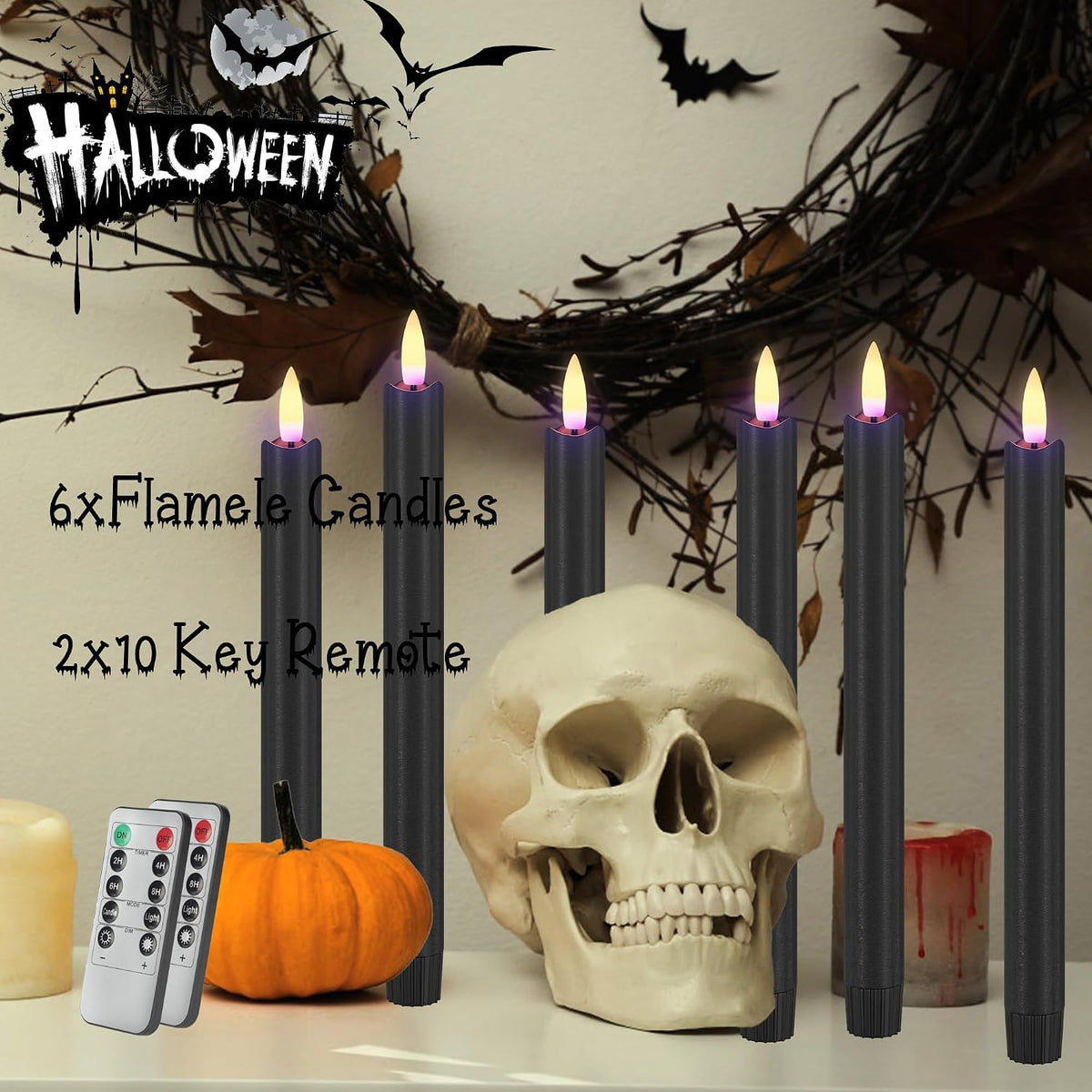 Black Flameless Taper Candles, Halloween Battery Operated Candles Remote