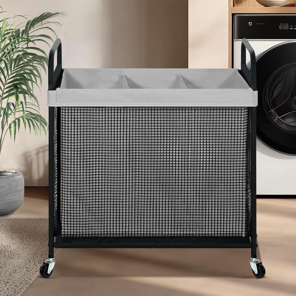 STO STO Laundry Hamper 3 Section, 120L Rolling Laundry Sorter Cart with Removable and Washable Liner Bag, Clothes Hamper with Wheels and Metal Handle for Laundry Room and Bedroom, Gray