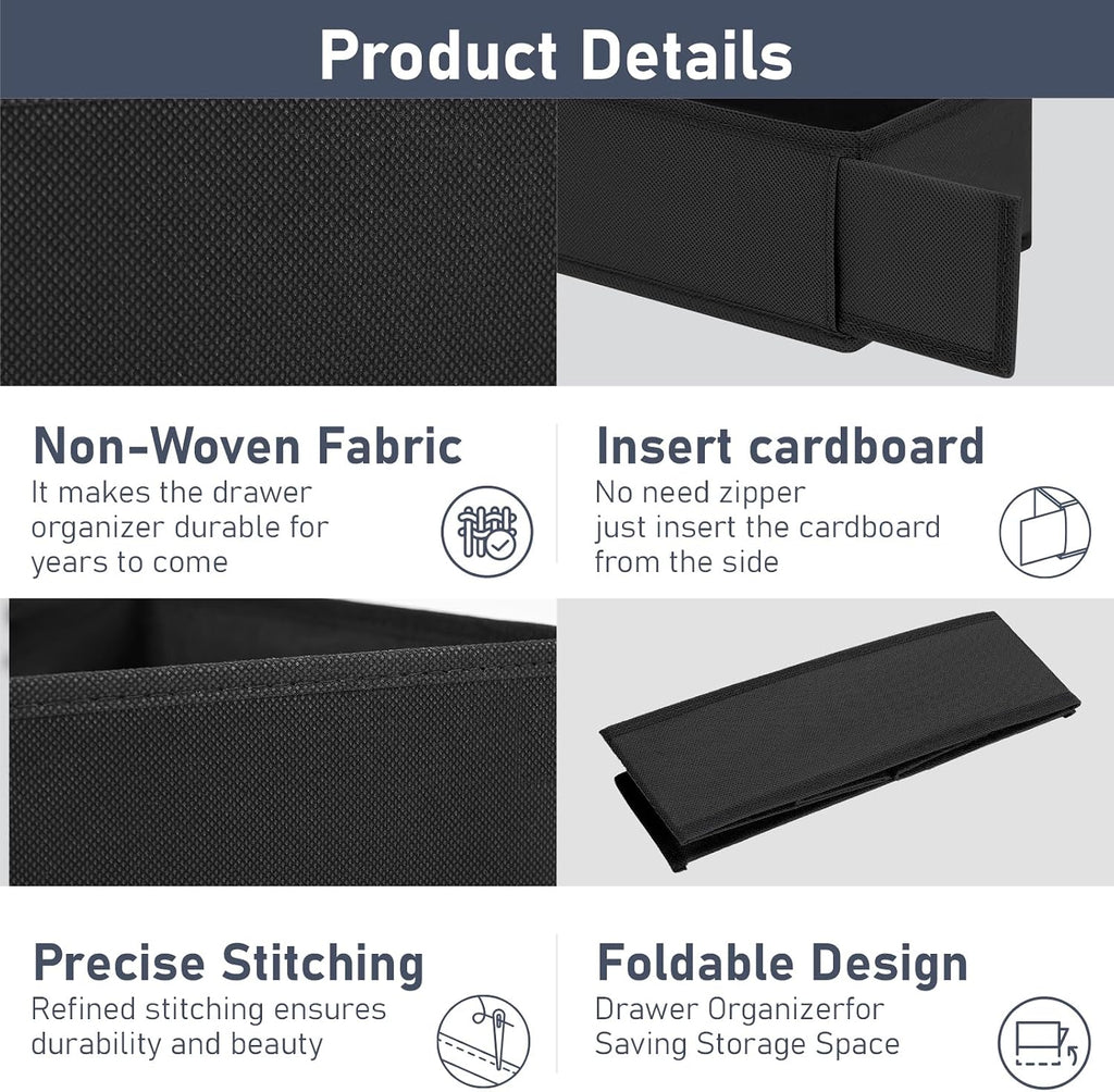 DIMJ Drawer Organizer - Small Clothes Organizer Set of 3, Drawer Dividers for Baby Clothes, Underwear, Socks, Bra, Belt, Tie - Black