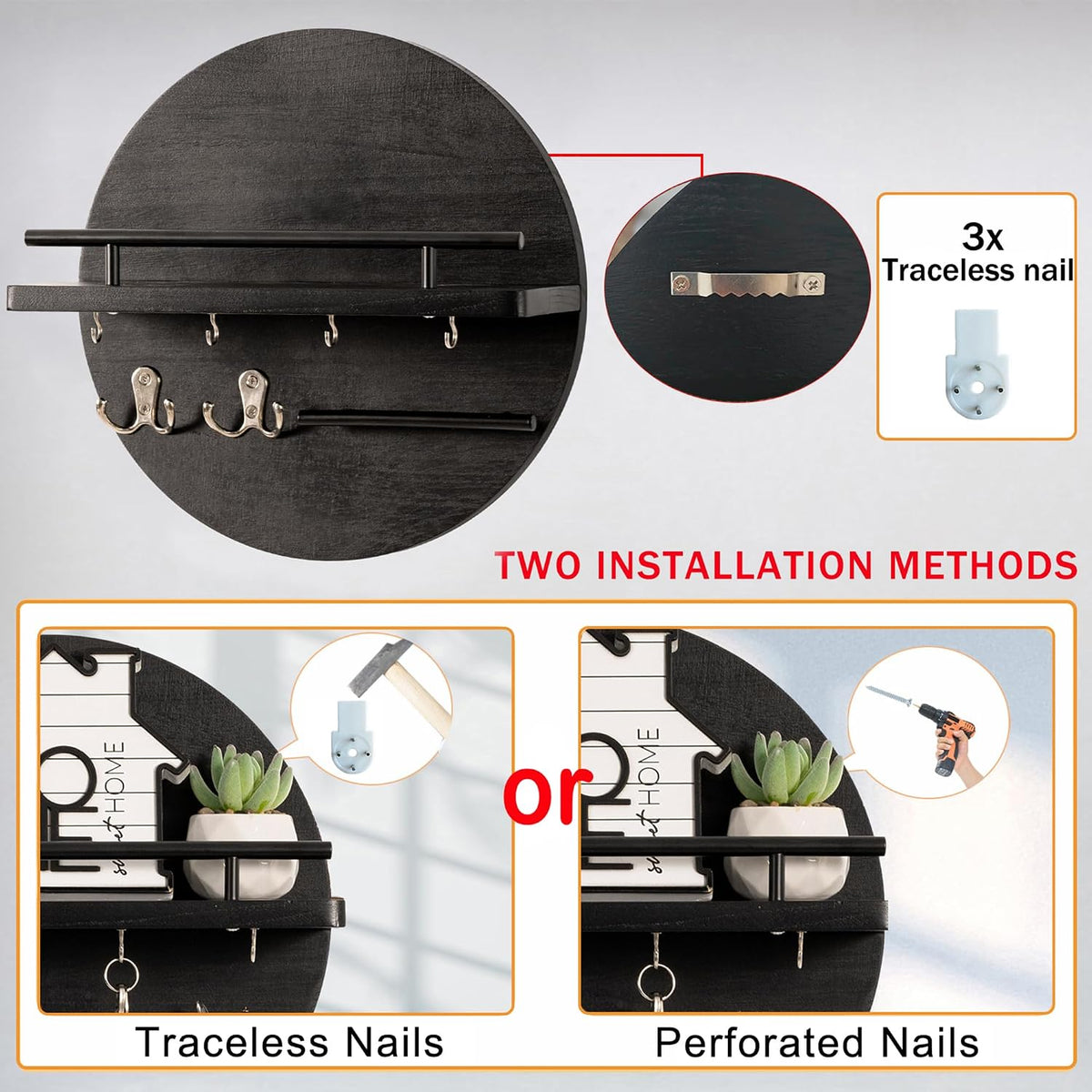 Key Holder Wall Mount with Shelf and Hooks, Mail Organizer for Wall, Black