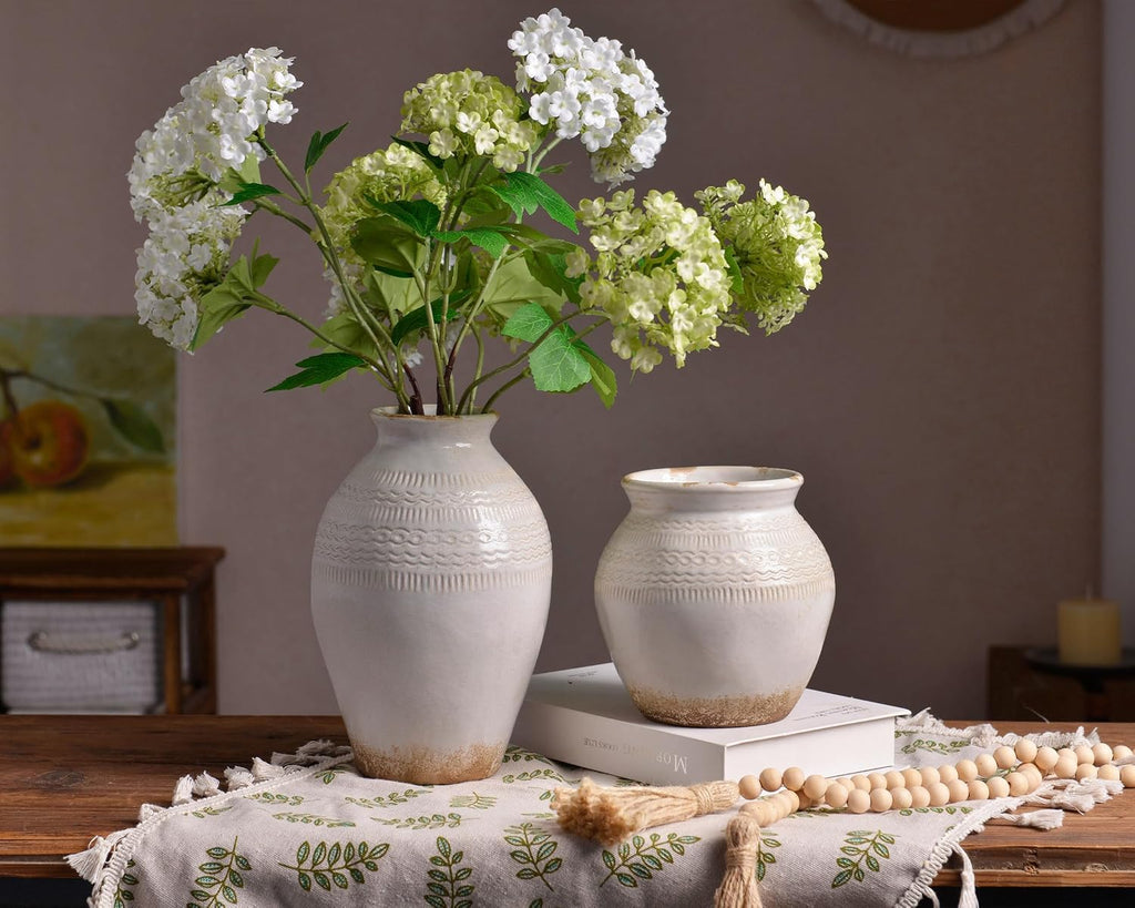 9.3 Inch Ceramic Rustic Flower Vase, White Distressed Farmhouse Vases