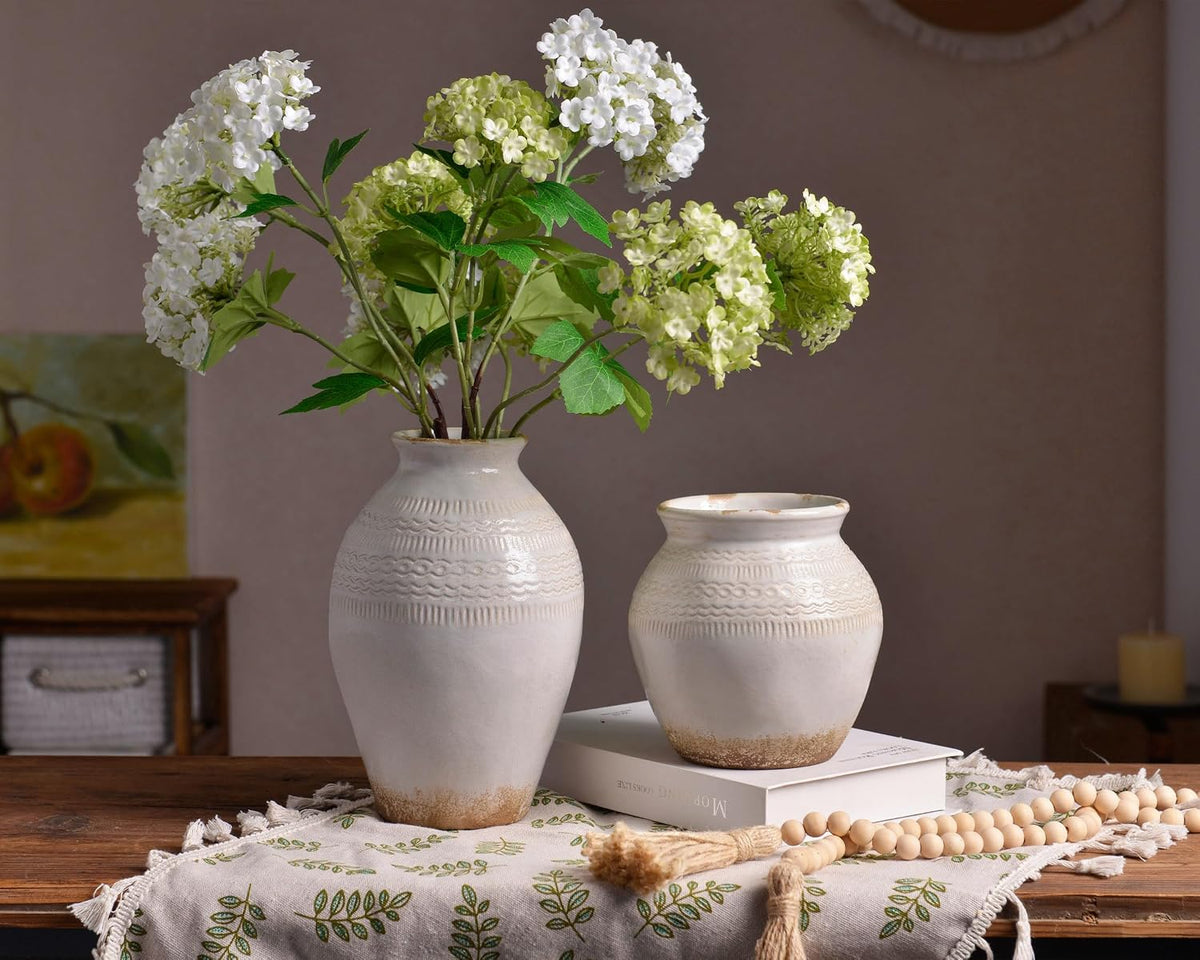 9.3 Inch Ceramic Rustic Flower Vase, White Distressed Farmhouse Vases