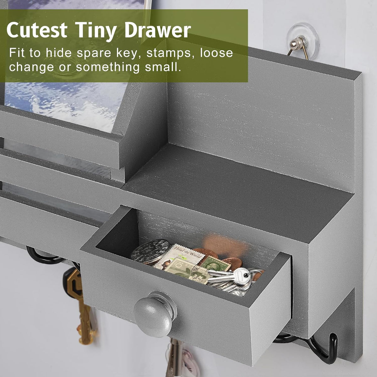 Key Holder Wall Mount, Wooden Key and Mail Organizer, Gray