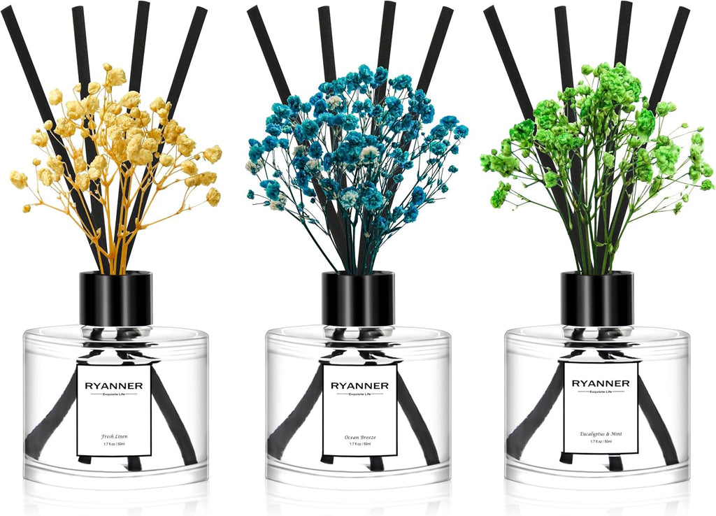 Reed Diffuser Set of 3 Pack,Fresh Clean Linen/Ocean Breeze/Eucalyptus & Mint Scented Oil Diffuser with Sticks(1.7 fl oz Each Pack),Air Freshener for Bedroom Bathroom Office | Shelf Decor