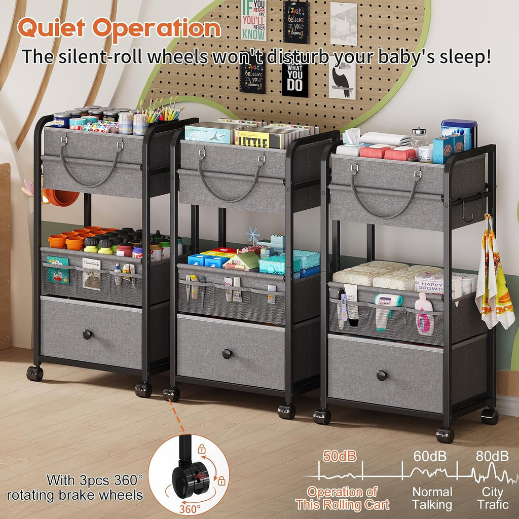 Cidaziya 3In1 Baby Diaper Caddy Organizer, 3 Tier Rolling Cart with Drawer, Detachable Dividers, Mobile Utility Cart Baby Dresser Clothes Organizer for Crib, Bedroom, Art & Craft Storage, Grey
