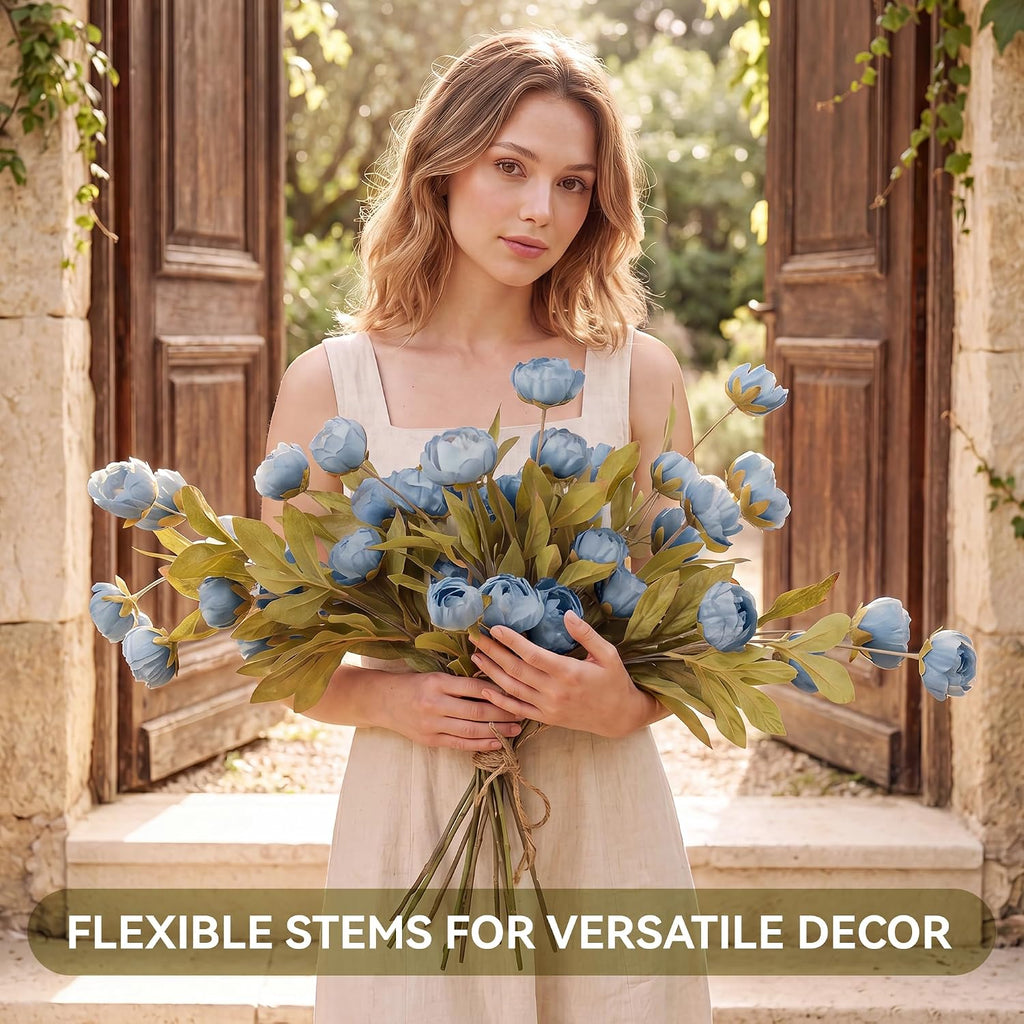 Pinkpum 6 Pcs Faux Silk Peony Artificial Flowers for Vase Decor Blue