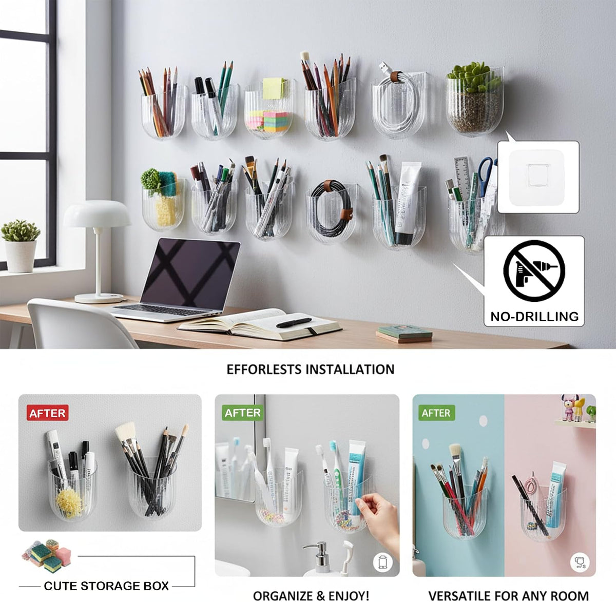 Adhesive Wall Mount Storage Caddy, Pen & Remote Holder(White 1PCS)