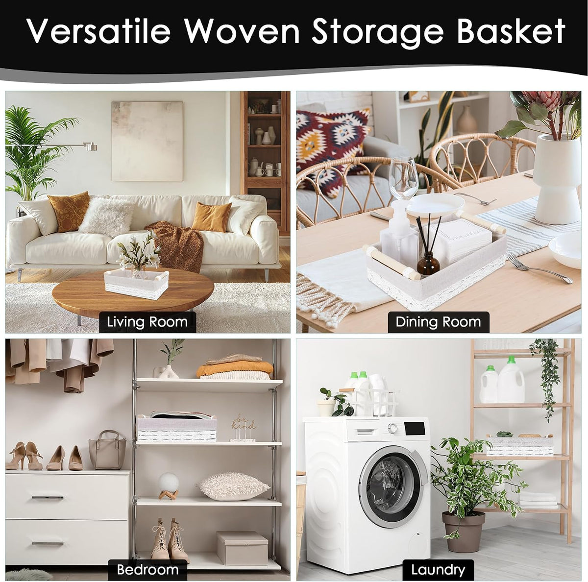 Wicker Storage Basket with Wooden Handle 2 Pack–Paper Rope Decorative Toilet Paper Baskets & Bathroom Organizer for Toilet Tank Top, Shelves, Bedroom, Countertop,Home,Office Storage Bins,White