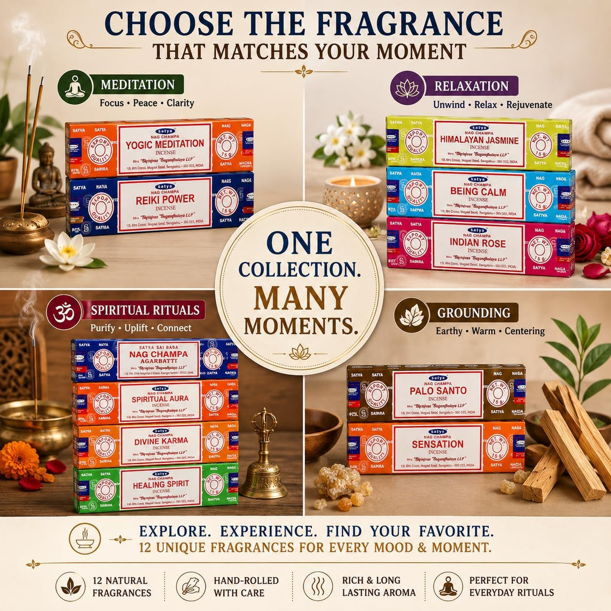 Satya Incense Sticks Set of 12 - Nag Champa, Palo Santo, Rose, Jasmine