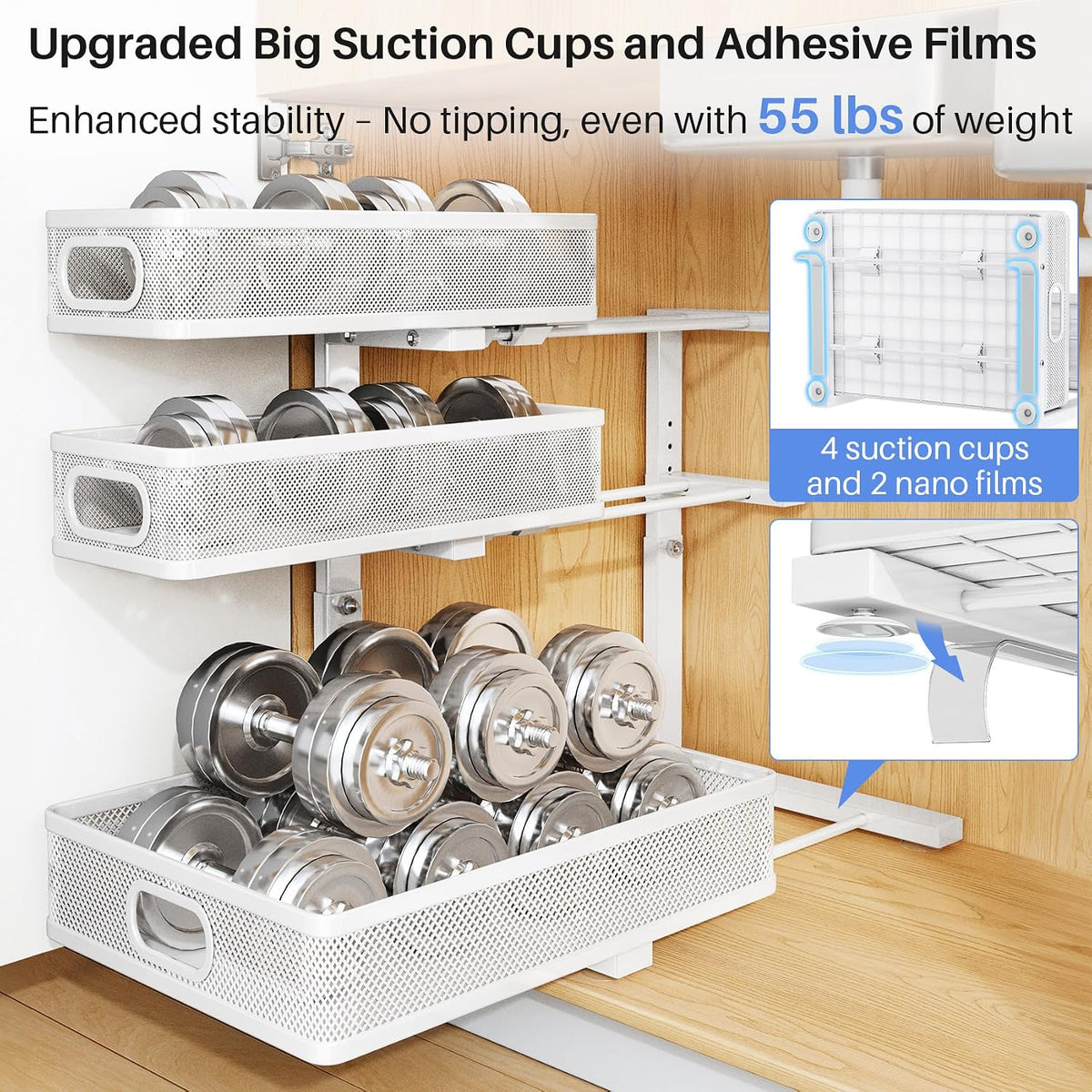 Under Sink Organizer, 3-Tier Thickened Metal Pull out Cabinet Organizer Shelf, Height Adjustable Slide out Storage Drawer Rack for Kitchen Bathroom Pantry Laundry Home Organization, 2-Pack, White