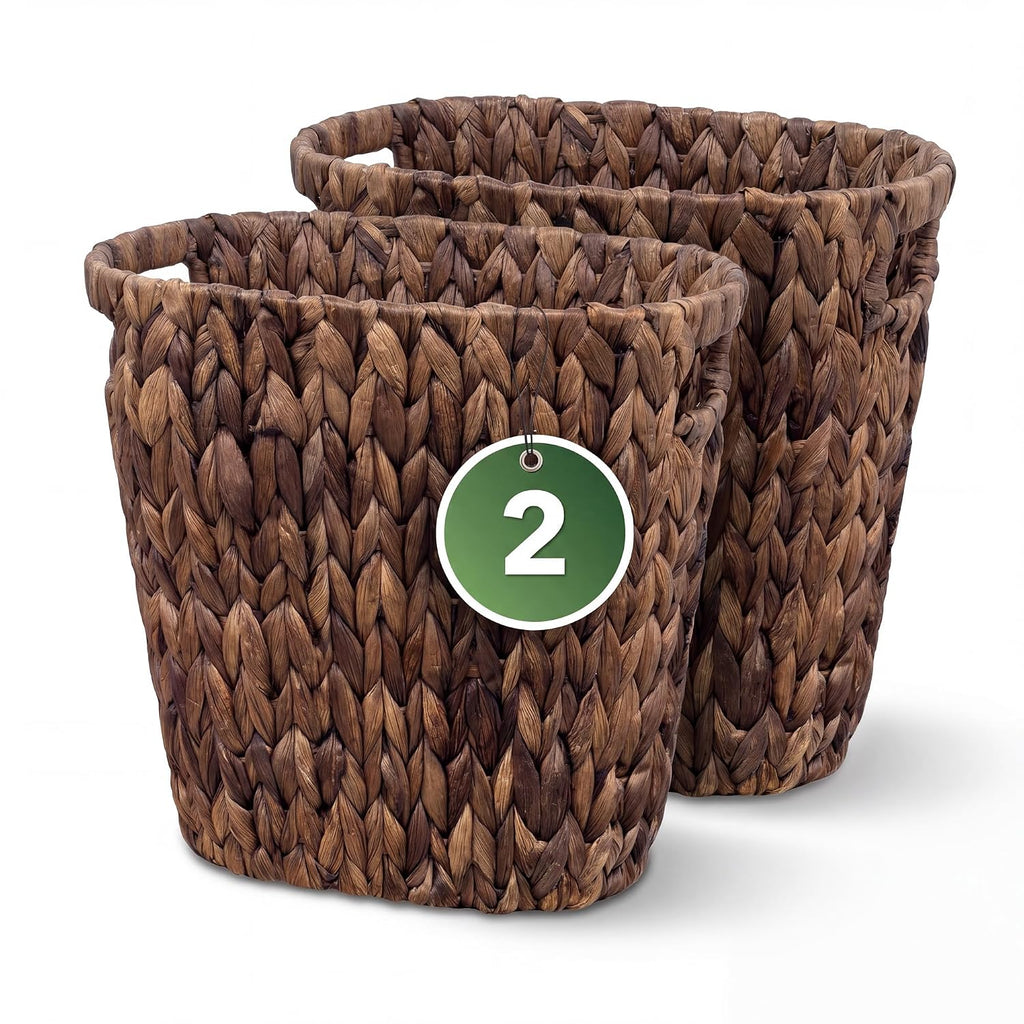 iEGrow 2 Pack Wicker Trash Can, Wicker Waste Basket for Bathroom, Woven Black Hyacinth Wicker Boho Garbage Can Built-in Handles for Bedroom, Office, Decor Home, Kitchen, Living Room (Oval)