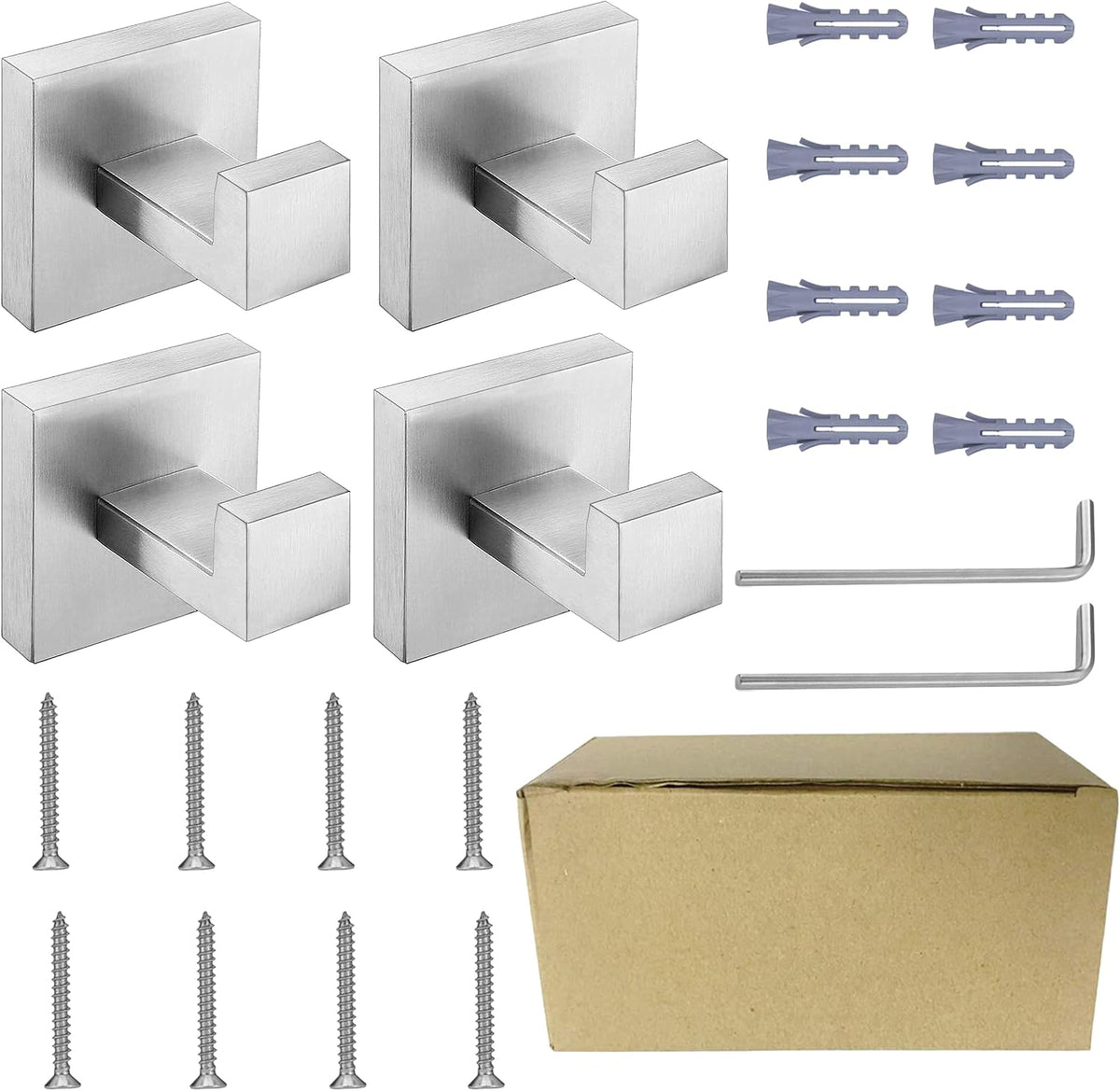 Nolimas Towel Hook Stainless Steel Bathroom Rustproof Clothes Towel Coat Hook Wall Mounted Square Toilet Kitchen, Heavy Duty Door Hanger, 4 Pack, Brushed Nickel