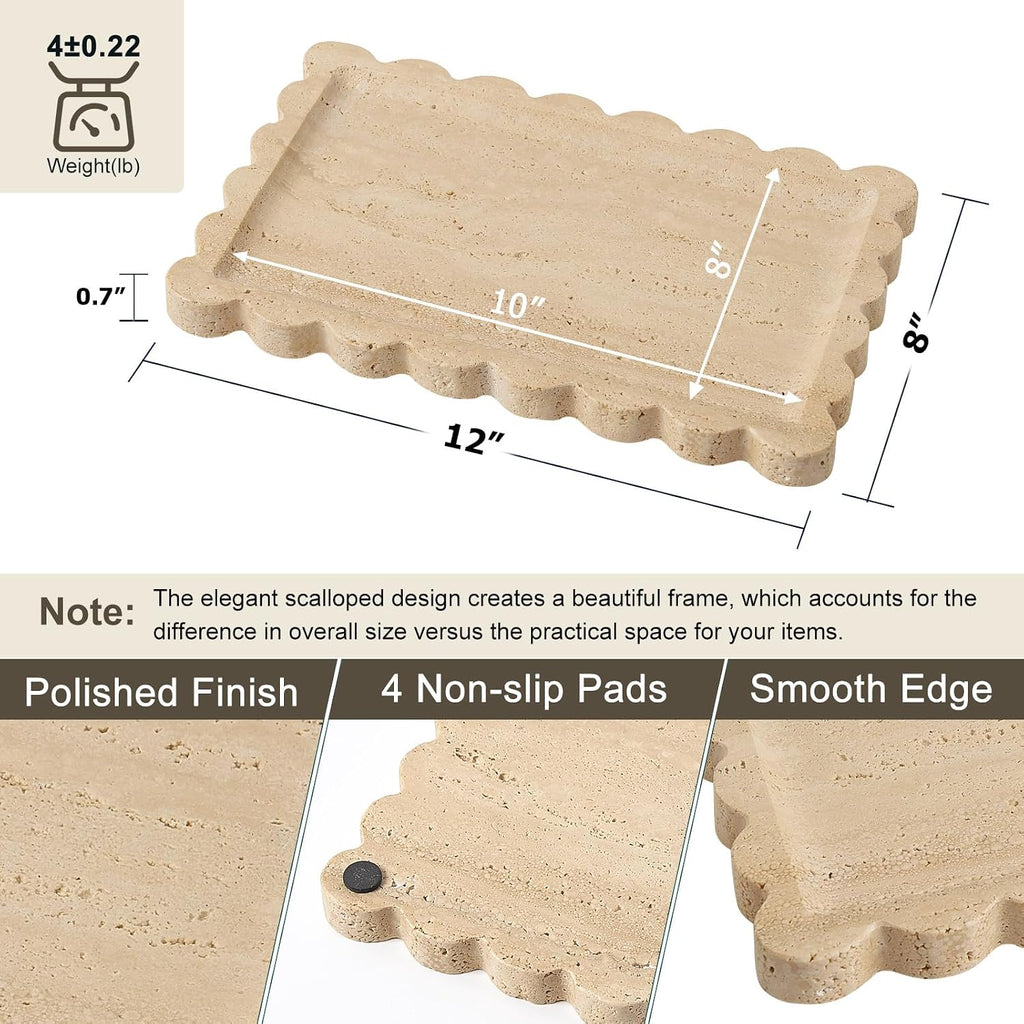 Scalloped Natural Travertine Tray - Decor Stone Tray for Bathroom & Vanity