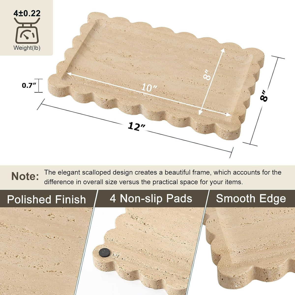Scalloped Natural Travertine Tray - Decor Stone Tray for Bathroom & Vanity