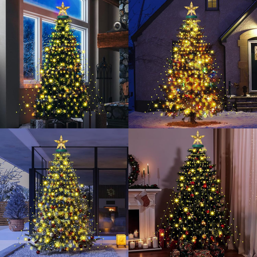 Christmas Lights with Star Topper, 410LED String Lights with Ring for Tree, 6.6FT x 16 Lines Fairy Lights with 8 Modes for Indoor Outdoor Xmas Decor, Warm White